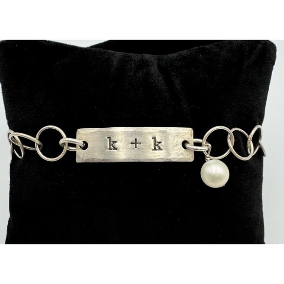 Jewelry - Sterling Silver 925 K&K Initial Plate Circle Link 8" Bracelet Pearl‎ Accents